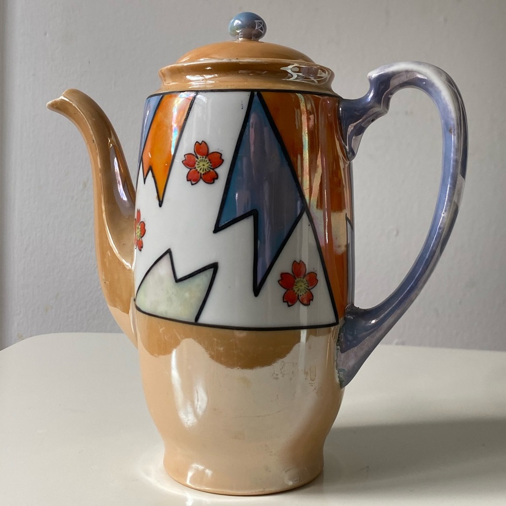 Vintage Nippon Hand Painted Ceramic Lustreware Teapot Geometric Floral Design